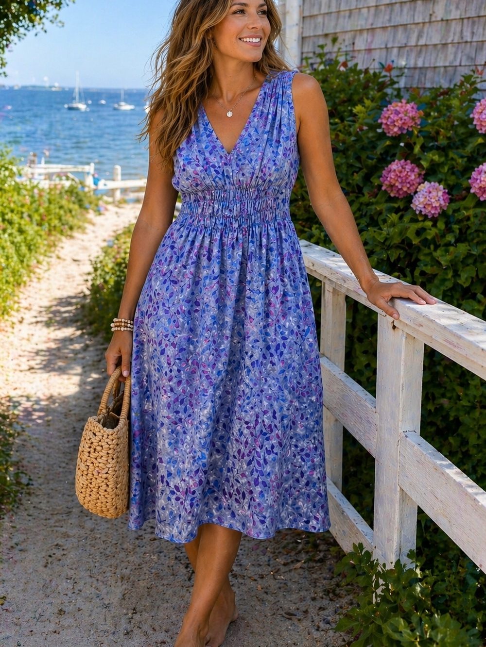 Smocked V-Neck Midi Dress in Lavender Floral